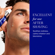 Man applying iS Clinical Hydra-Cool Serum to his face after shaving, with callout noting it soothes redness, calms irritation and blemishes