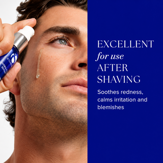 Man applying iS Clinical Hydra-Cool Serum to his face after shaving, with callout noting it soothes redness, calms irritation and blemishes