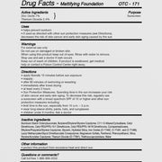 Drug facts panel for Illuminare Mattifying Foundation OTC-171 listing active ingredients zinc oxide 7% and titanium dioxide 2.4% as sunscreen, with full inactive ingredient list, uses, warnings, and SPF directions