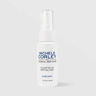 Michele Corley Plump Me Up Peptide Mist 1oz white spray bottle – acne safe peptide mist for plumping and hydration.travel size