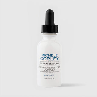 Michele Corley Clinical Skin Care Brighten & Restore Complex 1 fl oz (30ml) - Acne Safe retinol alternative in white dropper bottle with black cap