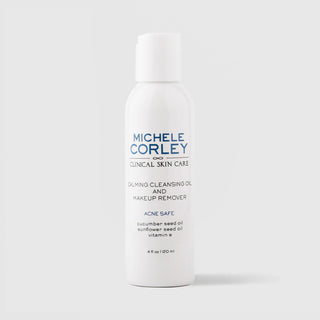 Michele Corley Clinical Skin Care Calming Cleansing Oil and Makeup Remover 4 fl oz (120ml) - Acne Safe, white flip-cap bottle