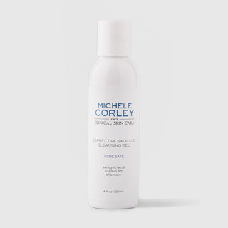 Michele Corley Clinical Skin Care Corrective Salicylic Cleansing Gel 4 fl oz (120ml) - Acne Safe with salicylic acid and vitamin B5, white flip-cap bottle