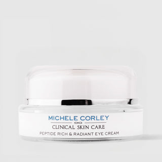Michele Corley Clinical Skin Care Peptide Rich & Radiant Eye Cream - clear glass jar with silver and white 