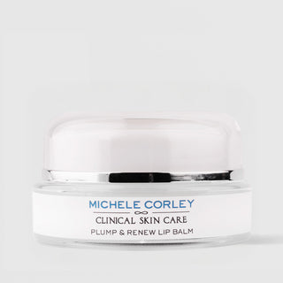 Michele Corley Clinical Skin Care Plump & Renew Lip Balm - small clear jar with silver and white dome lid