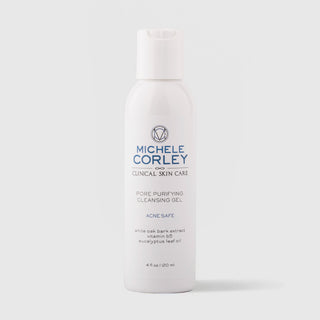Michele Corley Clinical Skin Care Pore Purifying Cleansing Gel 4 fl oz (120ml) - Acne Safe with white oak bark and eucalyptus, white flip-cap bottle