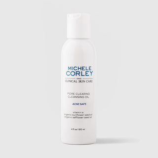 Michele Corley Clinical Skin Care Pore Clearing Cleansing Oil 4 fl oz (120ml) - Acne Safe with vitamin E and organic seed oils, white flip-cap bottle