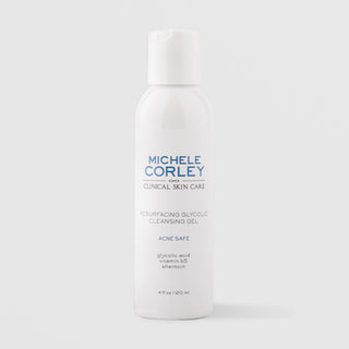 Michele Corley Clinical Skin Care Resurfacing Glycolic Cleansing Gel 4 fl oz (120ml) - Acne Safe with glycolic acid and vitamin B5, white flip-cap bottle