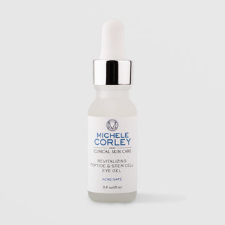 Michele Corley Clinical Skin Care Revitalizing Peptide & Stem Cell Eye Gel 0.5 fl oz (15ml) - Acne Safe, frosted dropper bottle with silver collar
