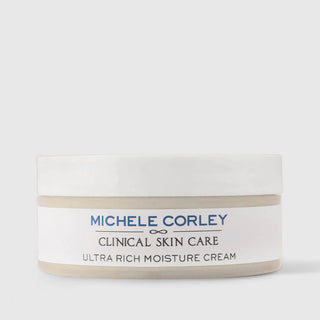 Michele Corley Clinical Skin Care Ultra Rich Moisture Cream in white jar with lid on grey background.