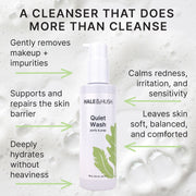 Hale & Hush Quiet Wash purify and prep facial cleanser infographic highlighting key benefits including gentle cleansing, skin barrier support, deep hydration, redness calming, and skin comfort