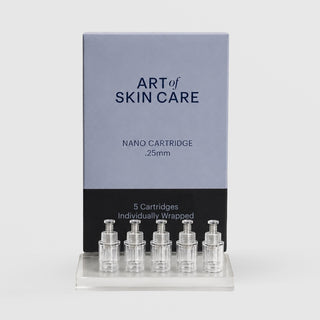 Art of Skin Care Nano Cartridge 0.25mm refill box with 5 individually wrapped nano infusion pen tip cartridges displayed in front