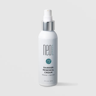 NeoGenesis Barrier Renewal Cream Renew and Revive 120 mL in a tall white pump bottle with chrome silver collar and teal water drop icon label on a light gray background