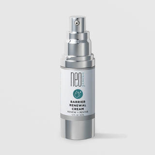 NeoGenesis Barrier Renewal Cream Renew and Revive 30 mL in a white airless pump bottle with chrome silver pump head and teal water drop icon label on a light gray background