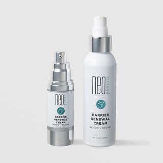 NeoGenesis Barrier Renewal Cream Renew and Revive in two sizes: 30 mL and 120 mL, shown side by side with chrome silver pump hardware and teal water drop icon labels on a light gray background