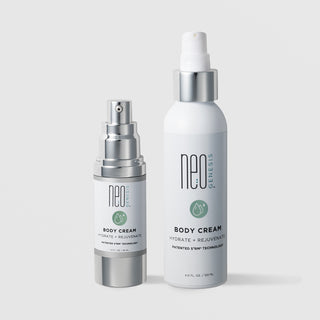 NeoGenesis Body Cream Hydrate and Rejuvenate in two sizes: 30 mL and 120 mL, shown side by side with chrome silver pump hardware and sage green water drop icon labels on a light gray background