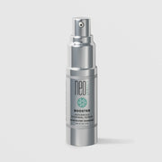 NeoGenesis Booster Advanced Renewal Serum 15 mL in a full chrome silver airless pump bottle with teal molecular icon label on a light gray background