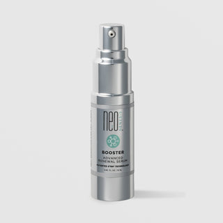 NeoGenesis Booster Advanced Renewal Serum 15 mL in a full chrome silver airless pump bottle with teal molecular icon label on a light gray background
