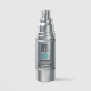 NeoGenesis Booster Advanced Renewal Serum 30 mL in a full chrome silver airless pump bottle with teal molecular icon label on a light gray background