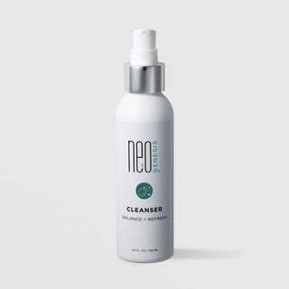 NeoGenesis Cleanser Balance and Refresh 120 mL in a tall white pump bottle with chrome silver collar and teal bubble icon label on a light gray background