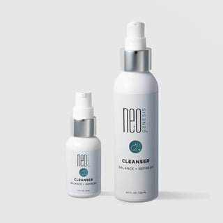 NeoGenesis Cleanser Balance and Refresh in two sizes: 30 mL and 120 mL, shown side by side in white pump bottles with chrome silver collars and teal bubble icon labels on a light gray background