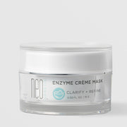 NeoGenesis Enzyme Creme Mask Clarify and Refine 15 g in a clear and white low-profile jar with chrome silver band and teal bowl icon label on a light gray background