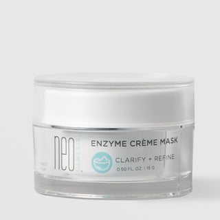 NeoGenesis Enzyme Creme Mask Clarify and Refine 15 g in a clear and white low-profile jar with chrome silver band and teal bowl icon label on a light gray background