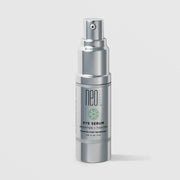 NeoGenesis Eye Serum Brighten and Tighten 15 mL in a full chrome silver airless pump bottle with green molecular icon label on a light gray background