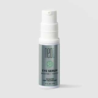 NeoGenesis Eye Serum Brighten and Tighten 5 mL in a white airless pump bottle with gray molecular icon label on a light gray background