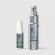 NeoGenesis Eye Serum Brighten and Tighten in two sizes: 5 mL in a white airless pump bottle and 15 mL in a full chrome silver airless pump bottle, shown side by side with green molecular icon labels on a light gray background