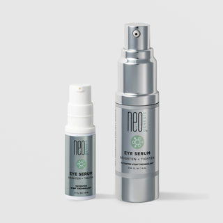 NeoGenesis Eye Serum Brighten and Tighten in two sizes: 5 mL in a white airless pump bottle and 15 mL in a full chrome silver airless pump bottle, shown side by side with green molecular icon labels on a light gray background