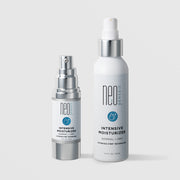 NeoGenesis Intensive Moisturizer Normal and Dry in two sizes: 30 mL and 120 mL, shown side by side with chrome silver pump hardware and teal water drop icon labels on a light gray background
