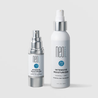 NeoGenesis Intensive Moisturizer Normal and Dry in two sizes: 30 mL and 120 mL, shown side by side with chrome silver pump hardware and teal water drop icon labels on a light gray background