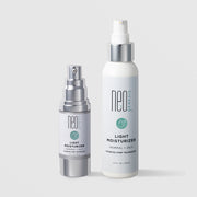 NeoGenesis Light Moisturizer Normal and Oily in two sizes: 30 mL and 120 mL, shown side by side with chrome silver pump hardware and teal water drop icon labels on a light gray background