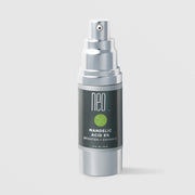 NeoGenesis Mandelic Acid 8% Serum Brighten and Enhance 30 mL in a full chrome silver airless pump bottle with dark charcoal label and lime green molecular icon on a light gray background