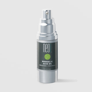NeoGenesis Mandelic Acid 8% Serum Brighten and Enhance 30 mL in a full chrome silver airless pump bottle with dark charcoal label and lime green molecular icon on a light gray background