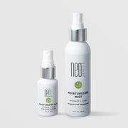 NeoGenesis Moisturizing Mist Hydrate and Tone in two sizes: 30 mL and 120 mL, shown side by side in white fine mist spray bottles with chrome silver collars and sage green sparkle icon labels on a light gray background