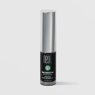 NeoGenesis NeoBrow Brow Serum 3 mL in a clear mascara-style tube with chrome silver cap and black label with green hair follicle icon on a light gray background