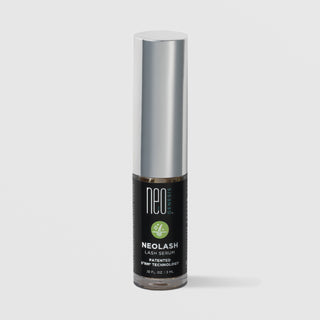 NeoGenesis NeoLash Lash Serum 3 mL in a clear mascara-style tube with chrome silver cap and black label with green hair follicle icon on a light gray background