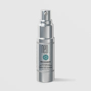 NeoGenesis Recovery Advanced Cellular Serum 15 mL in a full chrome silver airless pump bottle with teal molecular icon label on a light gray background