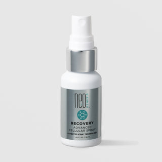 NeoGenesis Recovery Advanced Cellular Spray 30 mL in a white fine mist spray bottle with chrome silver collar and gray molecular icon label on a light gray background
