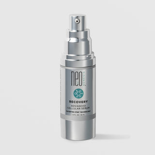 NeoGenesis Recovery Advanced Cellular Serum 30 mL in a full chrome silver airless pump bottle with teal molecular icon label on a light gray background