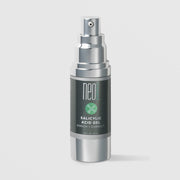 NeoGenesis Salicylic Acid Gel Enrich and Correct 30 mL in a full chrome silver airless pump bottle with dark charcoal label and sage green molecular icon on a light gray background