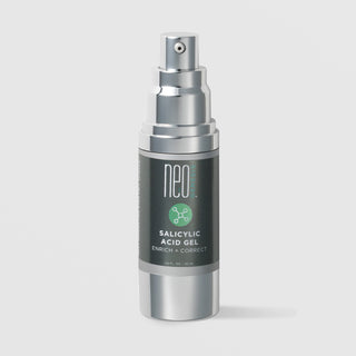 NeoGenesis Salicylic Acid Gel Enrich and Correct 30 mL in a full chrome silver airless pump bottle with dark charcoal label and sage green molecular icon on a light gray background