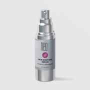NeoGenesis Skin Restore Serum Vitamin A Retinoate 30 mL in a full chrome silver airless pump bottle with gray label and mauve pink botanical leaf icon on a light gray background