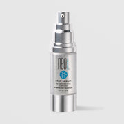 NeoGenesis Skin Serum Regenerative Support 30 mL in a full chrome silver airless pump bottle with teal molecular icon label on a light gray background