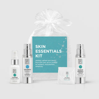 NeoGenesis Skin Essentials Kit with white organza bag featuring Cleanser, Skin Serum, Eye Serum, and Barrier Renewal Cream, all 1 fl oz 30mL on light gray background