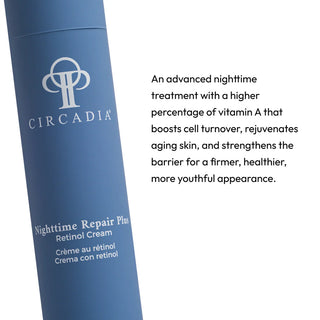 Close-up of Circadia Nighttime Repair Plus Retinol Cream tube, an advanced nighttime retinol treatment that boosts cell turnover, rejuvenates aging skin, and strengthens the barrier for a firmer more youthful appearance