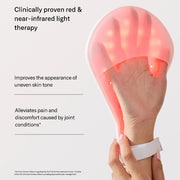 Omnilux Contour Glove benefit infographic highlighting clinically proven red and near-infrared light therapy that improves uneven skin tone and alleviates pain and discomfort caused by joint conditions, with a hand wearing the glowing red LED glove.