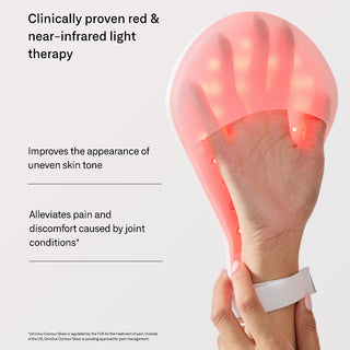 Omnilux Contour Glove benefit infographic highlighting clinically proven red and near-infrared light therapy that improves uneven skin tone and alleviates pain and discomfort caused by joint conditions, with a hand wearing the glowing red LED glove.